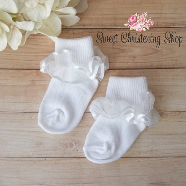 Christening Socks - Baptism Socks -  Flower Girl Socks - Tutu Socks for Toddler - Baby Ruffle Socks - Baby Tutu Socks - White Ruffle Socks