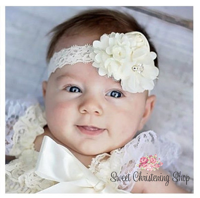 White Flower Headband Christening Headband Ivory Baptism Headband White Baptism Headband Floral Lace Headband Ivory Flower Headband