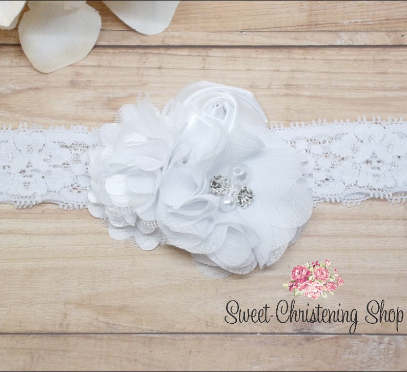 White Flower Headband Christening Headband Ivory Baptism Headband White Baptism Headband Floral Lace Headband Ivory Flower Headband