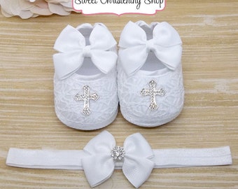 White Lace Baptism Shoes with Rhinestone Croses - White Christening Shoes and Headband - Baptism Shoes and Headband - Baptismal Shoes Girl
