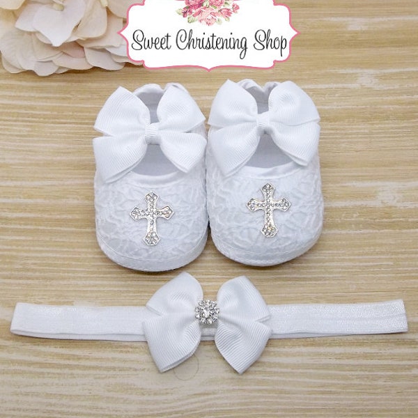 White Lace Baptism Shoes with Rhinestone Croses - White Christening Shoes and Headband - Baptism Shoes and Headband - Baptismal Shoes Girl