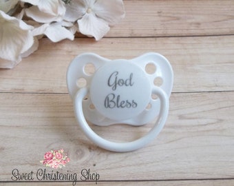 God Bless Pacifier - Baptism Pacifier - Christening Pacifier - Baptism Keepsake - Religious Baby Gift - Baptism Gift - Christening Gift