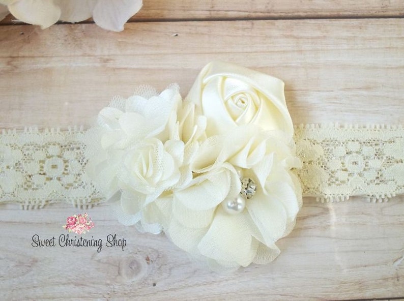 White Flower Headband Christening Headband Ivory Baptism Headband White Baptism Headband Floral Lace Headband Ivory Flower Headband