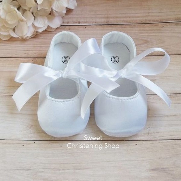White Baptism Shoes - White Christening Shoes - White Satin Baby Shoes - Baby Flower Girl Shoes - Baby Wedding Shoes - Baptismal Shoes Girl