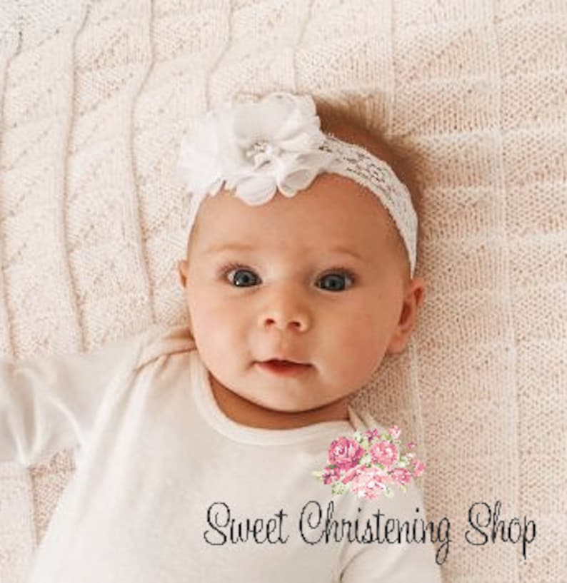 White Flower Headband Christening Headband Ivory Baptism Headband White Baptism Headband Floral Lace Headband Ivory Flower Headband