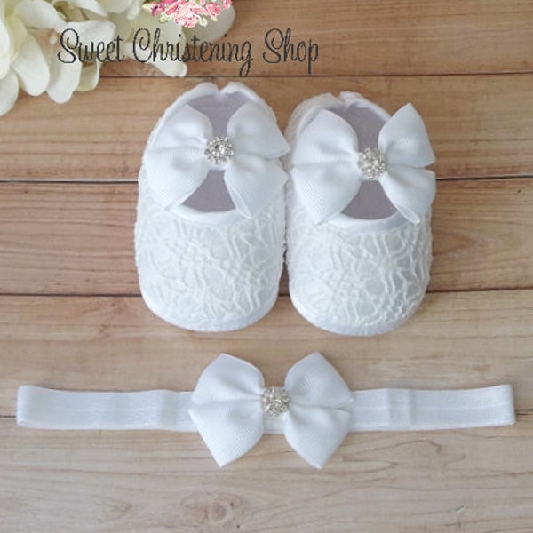 White Lace Baptism Shoes and Headband - White Christening Shoes - Baptismal Shoes Girl - Baby Flower Girl Shoes - Baby Wedding Shoes