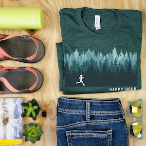 Run Happy Hour T-shirt: Women&#39;s Trail Running Woods Print