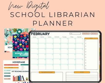 Puede incluir: Un planificador digital para bibliotecarios escolares con un calendario de febrero, una lista de tareas y una sección de notas. Incluye una portada floral y una sección de libros de lectura. El texto dice: "New Digital SCHOOL LIBRARIAN PLANNER."