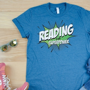 Reading is My SuperPower Librarian Tshirt Bookish Comic Book Style POW Library Shirt image 1