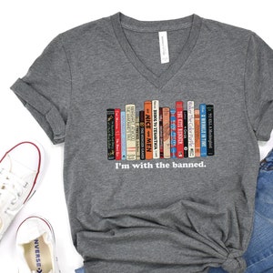 I'm With the Banned Librarian Unisex V-Neck Short Sleeve T-shirt | Vintage-Feel & Super-Soft | Reading Library