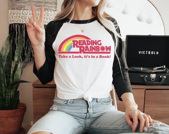 Vintage Reading Rainbow  Take a Look It's in a Book Raglan: Reading Tshirt Book Lover Librarian 3/4 Sleeve T-Shirt Reading with Rainbow