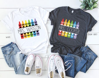 Custom Teacher Name Teacher Tshirt | Crayon Name | First Grade Teacher & Kindergarten Teacher | Cute Teacher Shirt