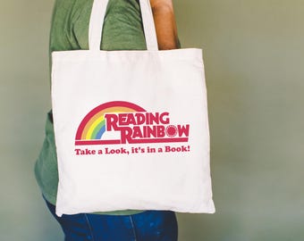 Reading Rainbow Canvas Tote Bag – Retro 80s Book Lover Tote, Librarian Teacher Gift, Vintage Aesthetic Reading Bag