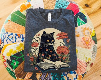 Vintage Black Cat Reading Book Librarian Tshirt | Reading Shirt | Gift for Book Lover | Retro Librarian Shirt