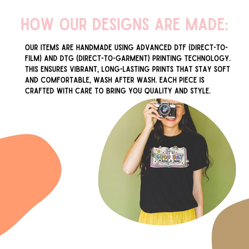 The image is a collage featuring a woman taking a photo of herself with a camera, wearing a black t-shirt with a graphic design and yellow pants.