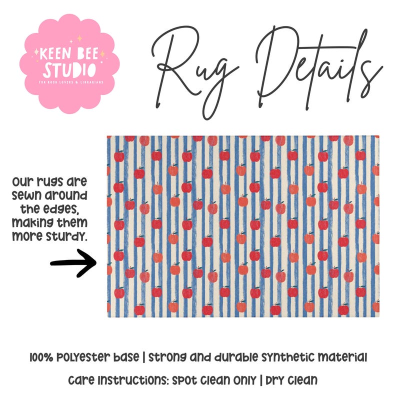 May include: A rectangular rug featuring a pattern of red apples over vertical blue and white stripes. Text reads: Keen Bee Studio, Rug Details, our rugs are sewn around the edges, making them more sturdy, 100% polyester base, spot clean only.