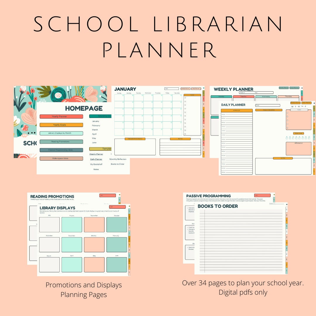 School Library Digital Planner | Librarian Calendar and Planner Undated ...