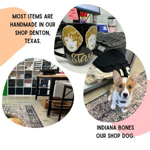 The image is a collage of three photos depicting items made in a shop in Denton, Texas, including a mug with a woman's face, a dog, and a desk with a computer.