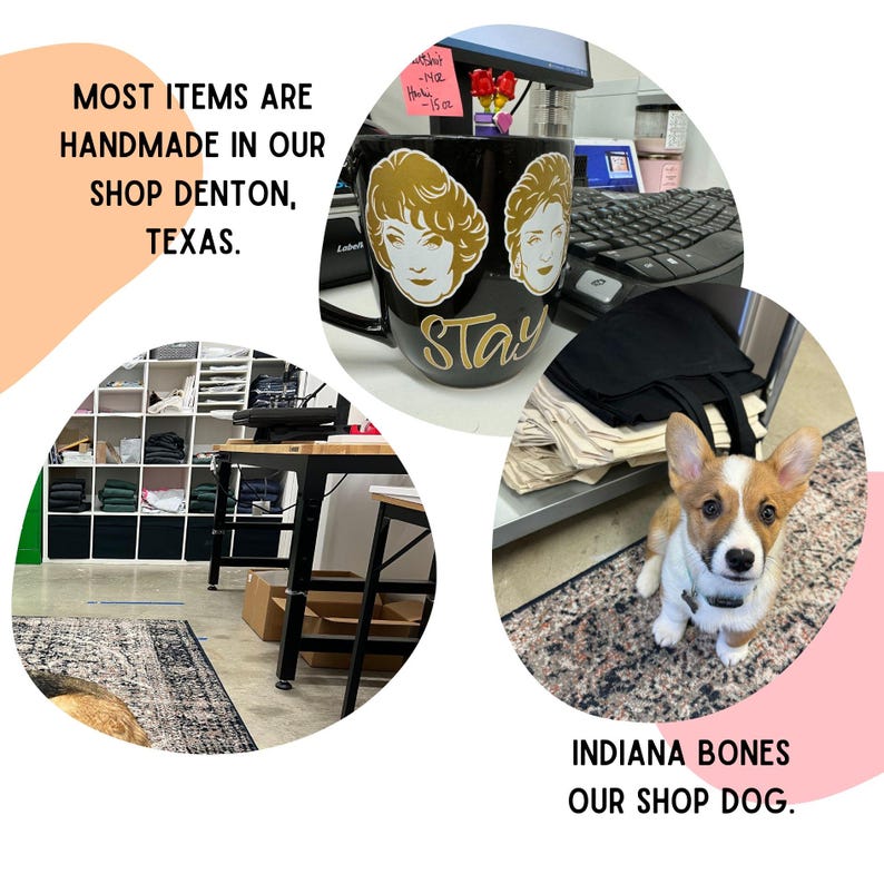 The image is a collage of three photos depicting items made in a shop in Denton, Texas, including a mug with a woman's face, a dog, and a desk with a computer.