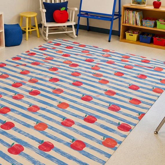 Red Apple Classroom Rug Stripe Area Rug | Blue Striped Fruit Classroom Decor