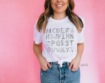 Teacher Shirt Alphabet Doodle | Vintage-Feel & Super-Soft | Teaching Tshirt | First Grade Teacher