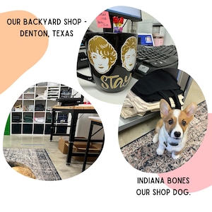 The image is a collage of three photos depicting a backyard shop in Denton, Texas, featuring a dog, a mug with a face, and a desk with a computer.