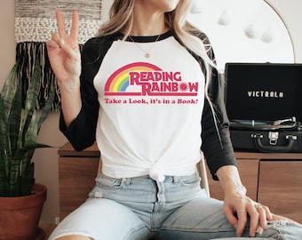 Take a Look it's in a Book Rainbow Librarian and Reading Tshirt | 3/4 Sleeve Raglan | Gift for Librarian or Bookish Reader