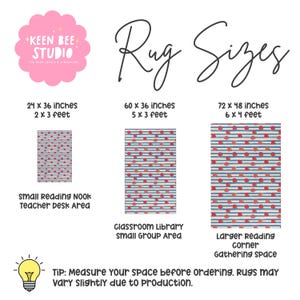 May include: A size guide for rugs featuring the Keen Bee Studio logo, the text Rug Sizes, and three rectangular rug options with a blue striped pattern and red apple icons. Dimensions listed are 24x36 inches, 60x36 inches, and 72x48 inches.
