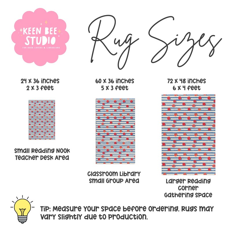 May include: A size guide for rugs featuring the Keen Bee Studio logo, the text Rug Sizes, and three rectangular rug options with a blue striped pattern and red apple icons. Dimensions listed are 24x36 inches, 60x36 inches, and 72x48 inches.