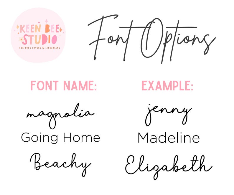 Puede incluir: Un fondo blanco presenta el texto "Font Options" en escritura negra. Debajo, "FONT NAME:" y "EXAMPLE:" est&aacute;n en rosa. Ejemplos de fuentes incluyen "magnolia", "Going Home" y "Beachy", con ejemplos correspondientes como "jenny", "Madeline" y "Elizabeth".