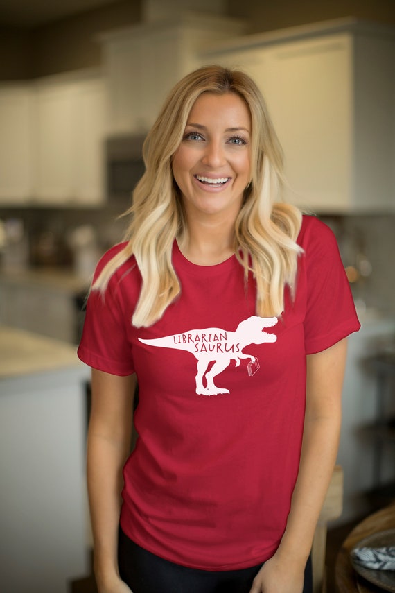 Librarian Saurus Dinosaur Librarian & Reading T-shirt | Bookish Tshirt | Reading Dinosaur T-Rex and Triceratops