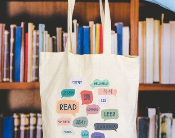 Reading Sprachen Canvas Einkaufstasche | Bibliothekar und Lesebuch Tasche | Geschenk für Leser | Bücherwurm Merch