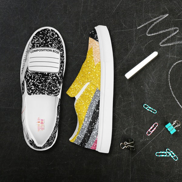 Teacher Vibes Canvas Slip-ons, Pencil & Composition Book Design | Shoes For Teachers | Pencil Shoes | Gift for Teacher