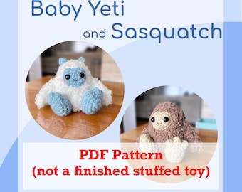May include: A digital download PDF pattern for crocheting a baby Yeti and Sasquatch amigurumi toy. The pattern is by Drewbies Zoo.