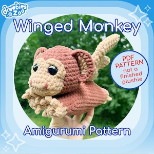 May include: A crocheted Winged Monkey amigurumi pattern. The plush toy is primarily brown and tan, with large black eyes. The text on the image reads "Winged Monkey", "Amigurumi Pattern", and "PDF Pattern not a finished plushie".