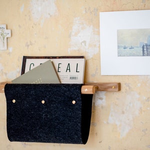 Wall Mounted Magazine Rack and Mail Holder - Made from Oak, Brass and Dark Grey Felt