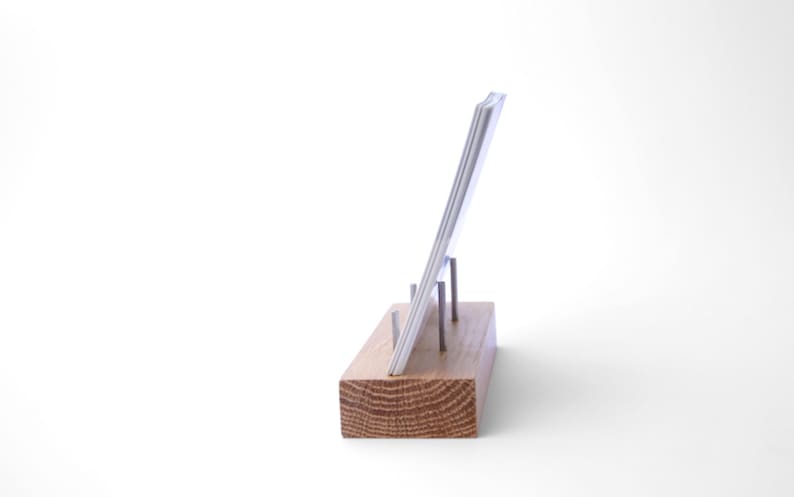 postcard display stand made from oak with stainless steel supports