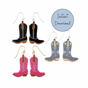 Cowboy Boot Earring SVG Laser Cut Template Digital Download Glowforge Compatible Design Three Unique Styles Classic Floral Starry Pattern Western Jewelry Festival Accessory DIY Craft Project Modern Rodeo Fashion Country Style Handmade Gift