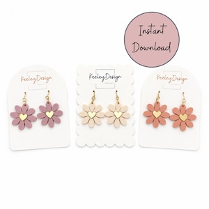 May include: Three pairs of daisy-shaped earrings in pink, peach, and beige, each with a gold heart center. The earrings are displayed on white cards with the "Keeley Design" logo and the text "Instant Download".
