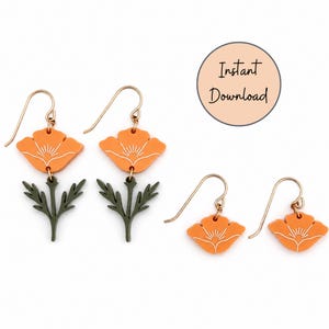 May include: Two pairs of dangle earrings featuring orange poppy flower charms with white etched details and dark green stems. The larger pair includes stems, while the smaller pair consists of flower heads only. A circle contains the text Instant Download.
