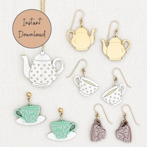 May include: A collection of earrings in the shape of teapots, teacups, and saucers. The earrings are in various colors, including gold, white, and teal. Some earrings have a polka dot pattern, while others have floral designs. The image includes the text "Instant Download".