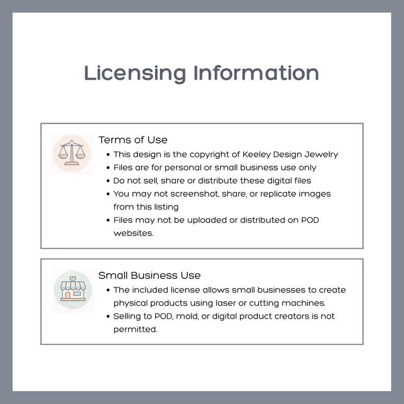 May include: A digital document titled Licensing Information with two sections. The first section, Terms of Use, lists copyright details, personal or small business use restrictions, and prohibitions on sharing or POD uploads. The second section, Small Business Use, outlines permissions for physical product creation using machines.