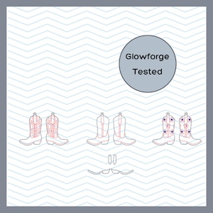 May include: A digital file design featuring three pairs of cowboy boot outlines, two small rectangular shapes, and two curved line shapes. A circular badge with the text Glowforge Tested is positioned in the upper right corner of the image.