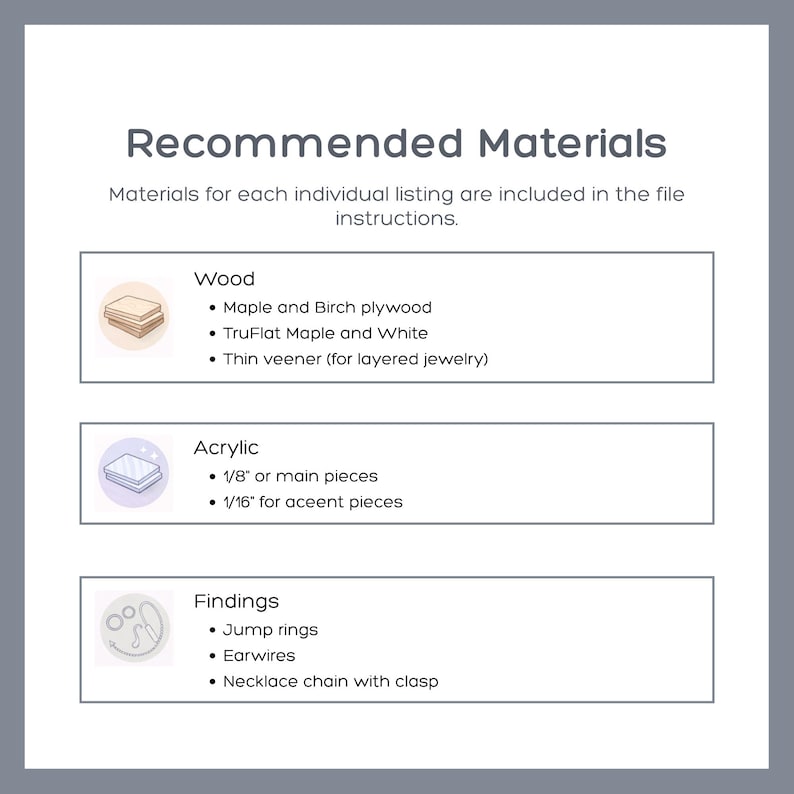 May include: A graphic with the text "Recommended Materials" lists materials for jewelry making. The materials include wood, acrylic, and findings such as jump rings, earwires, and necklace chains with clasps.