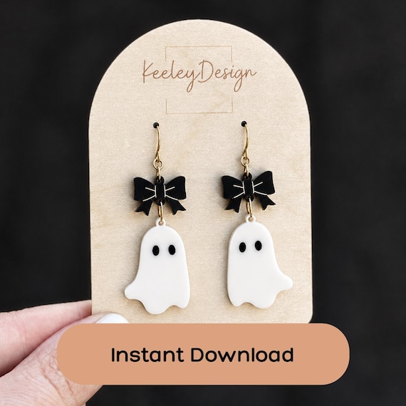 Halloween Ghost SVG File Laser Cut Ghost Bow Earring Digital Download Template Spooky Design Pattern Earrings Gothic Coquette Jewelry Craft