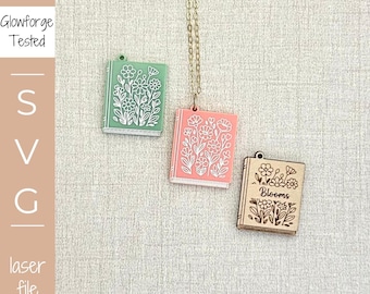 Book Pendant Svg Laser Cutting File Download Glowforge Jewelry Necklace Design Flower Pendant Wildflower SVG Literary Gift Mother's Day