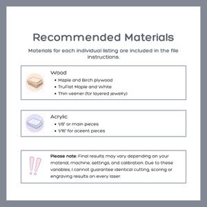 May include: An informational graphic titled Recommended Materials listing wood options including Maple and Birch plywood, TruFlat Maple and White, and thin veneer, plus acrylic options of 1/8 inch and 1/16 inch, with a disclaimer about final laser results.