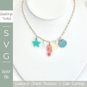 Collana con ciondolo a forma di cavalluccio marino in formato SVG e orecchini a conchiglia, gioielli marittimi costieri, oceano, collana moderna, regalo estivo da spiaggia per le donne