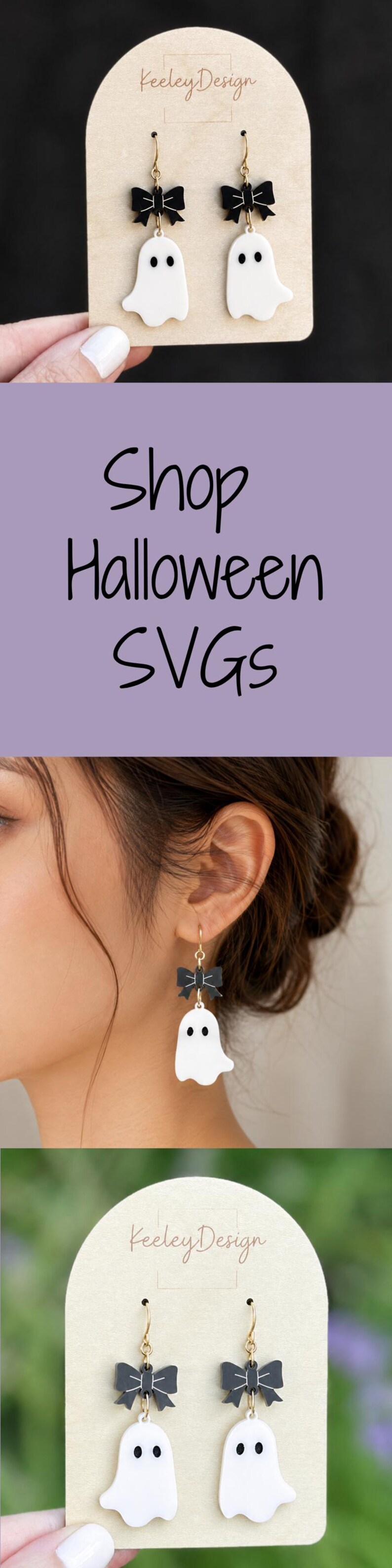May include: Dangle earrings featuring a white ghost charm with two black eyes suspended below a black bow charm with white stitched details. The earrings are attached to a light tan display card with the text KeeleyDesign printed at the top.