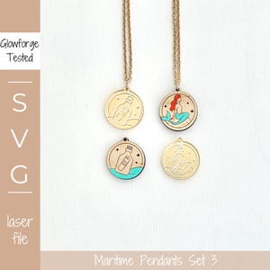 Set di 3 ciondoli SVG marittimi, collana con sirena, messaggio in una bottiglia, ciondolo con file tagliato al laser, gioielli per le vacanze marittime, collana estiva con oceano